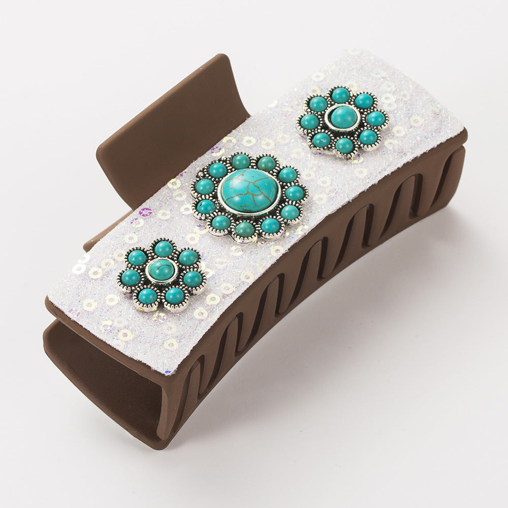 Wholesale Turquoise Western Vintage Leopard Sequined Leather Grabber